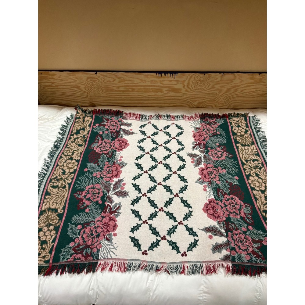 Unbranded Woven Tapestry Throw Blanket Unisex OS Green Red Holly Floral
